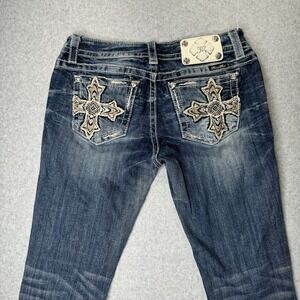 Miss Me Jeans Women's 30 Blue Signature Skinny Feathered Crosses Bikercore Bling